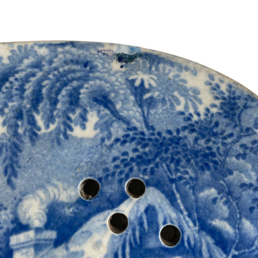 English blue and white transferware with professional repair on foliate edge