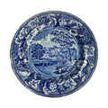 Antique Staffordshire historical blue and white decorative plate with landscape design on a white background 