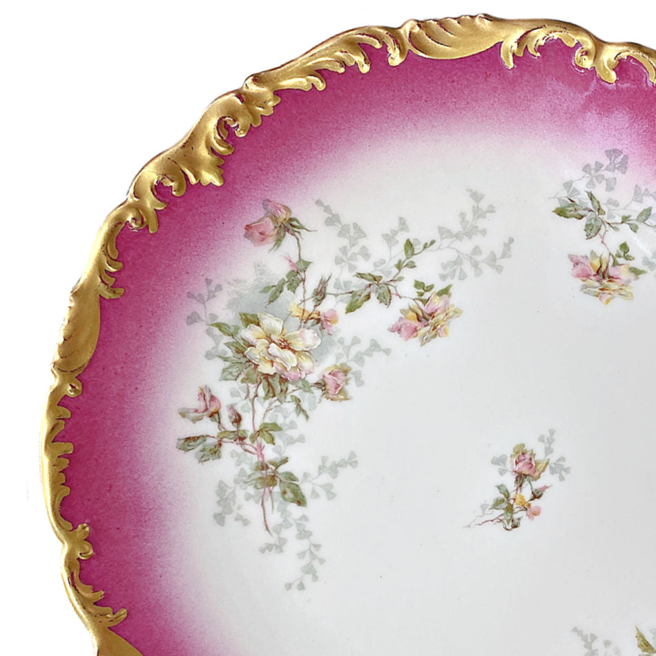 Close-up detail of hand-painted pink and yellow roses and enamel decoration on antique French Limoges porcelain.