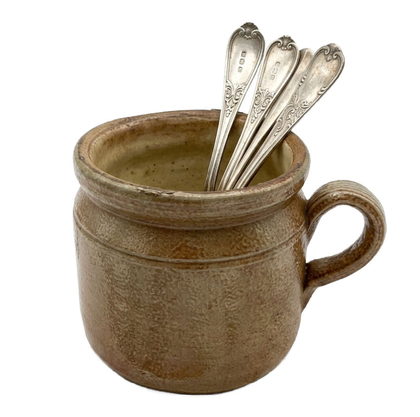 Early French confit pot stoneware cream jar one handle