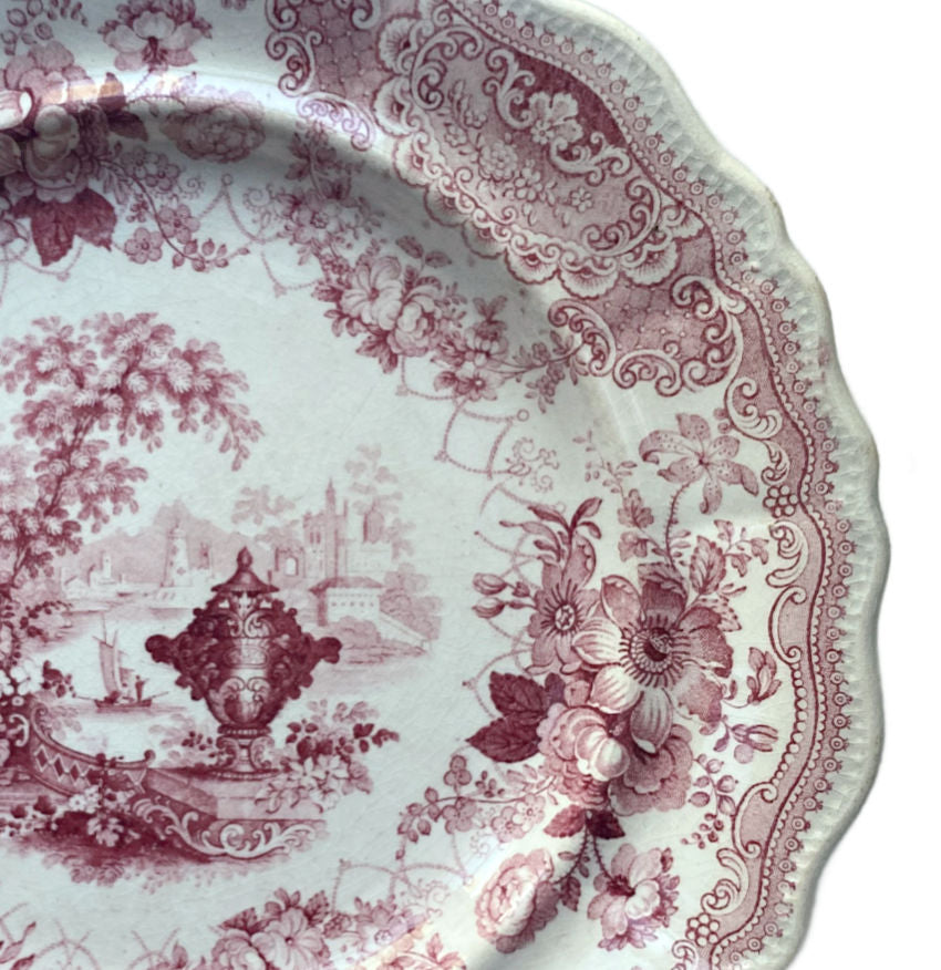 Early 19th Century Staffordshire Pink Red Transfer Plate Romantic Scenery