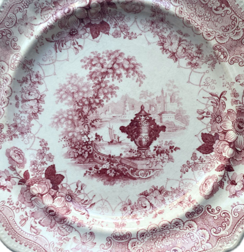 Early 19th Century Staffordshire Pink Red Transfer Plate Romantic Scenery