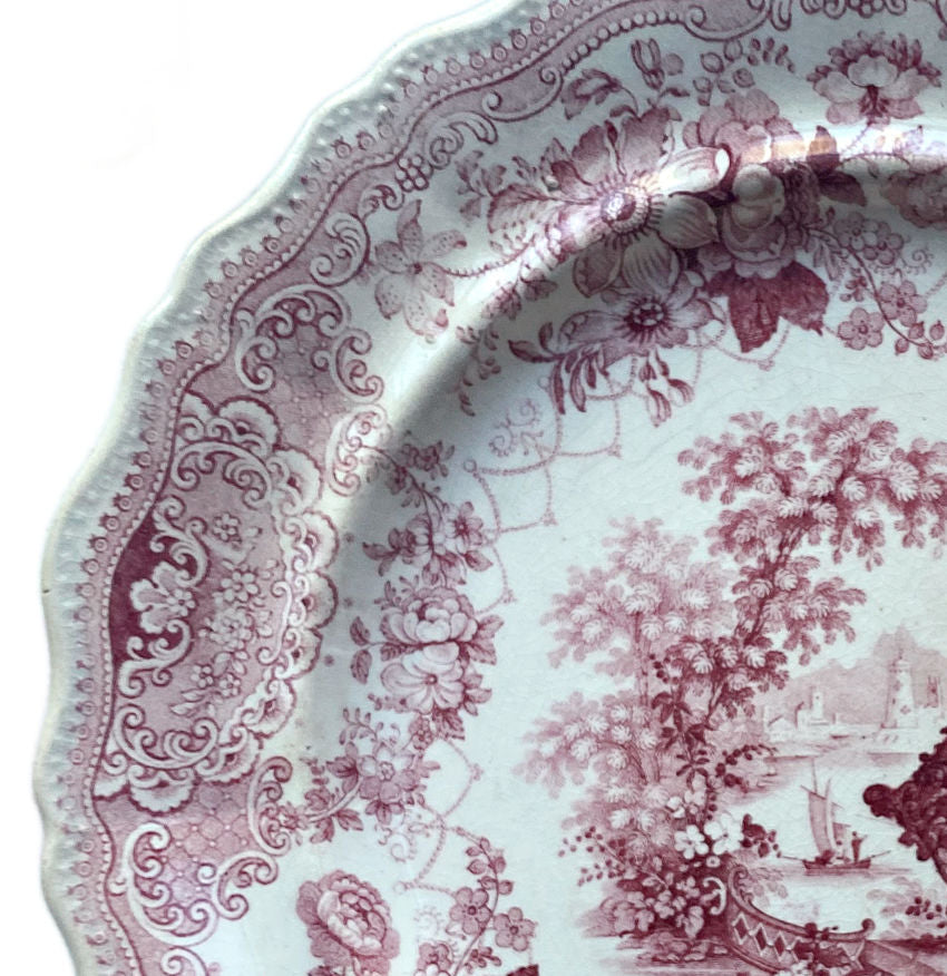 Early 19th Century Staffordshire Pink Red Transfer Plate Romantic Scenery