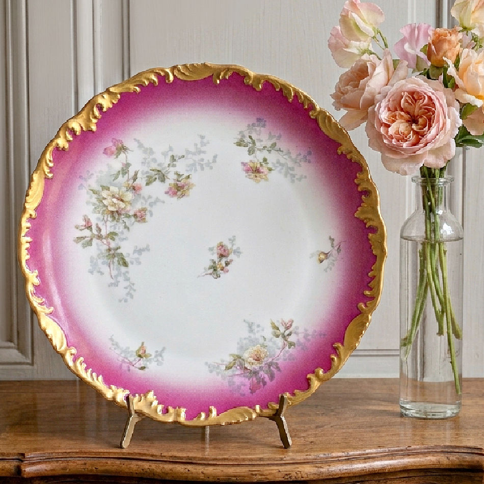 Antique French Limoges cabinet plate displayed on an elegant shelf beside a vase of fresh pink roses, highlighting its cerise pink border and hand-painted floral decoration.