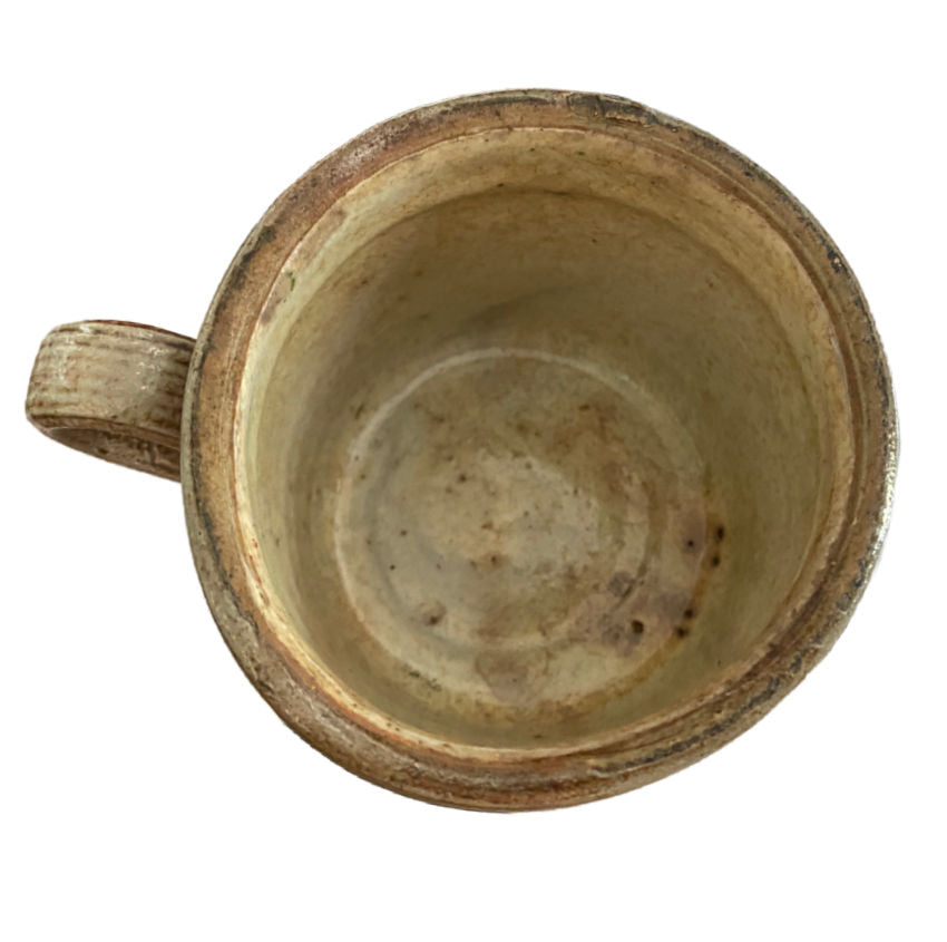 Antique South of France confit pot with warm greige glaze inside view