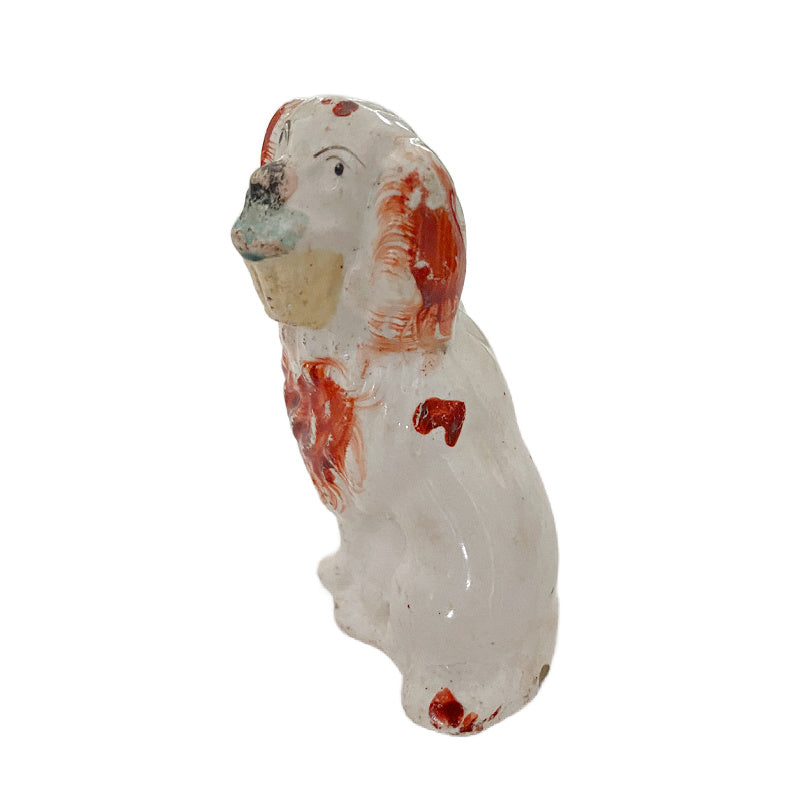 Early Antique Estate Staffordshire Spaniel Dog with Basket, this is an unusual dog as he&#39;s carrying a little basket with greenery.
