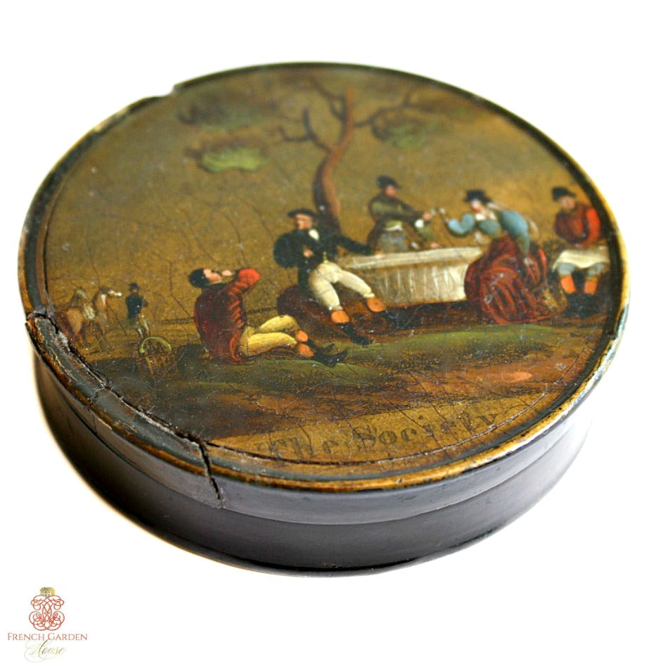 Antique French Vernis Martin lacquer snuff box with a hand-painted outdoor social scene titled “The Society.”