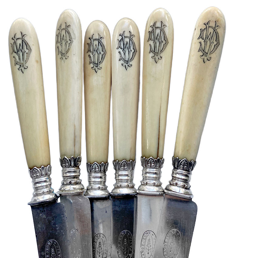 Elegant Antique French Sterling Collar 6 pc DinnerKnife Set Monogrammed