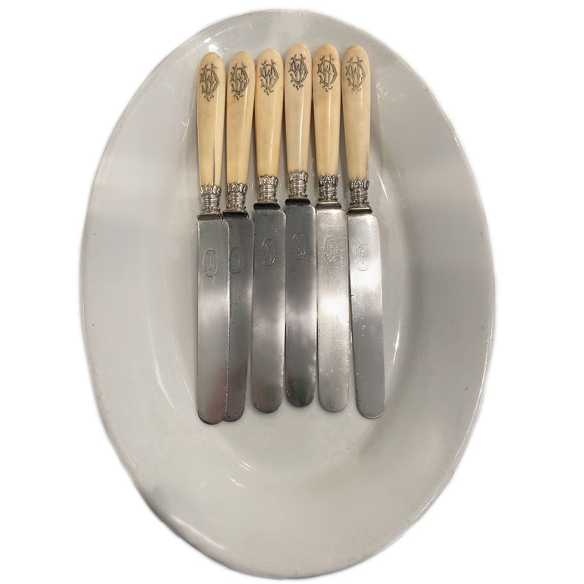 Elegant Antique French Sterling Collar 6 pc DinnerKnife Set Monogrammed