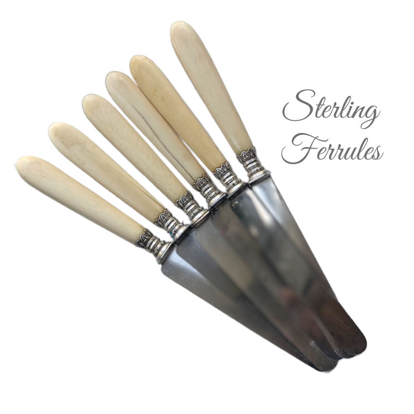 Elegant Antique French Sterling Collar 6 pc DinnerKnife Set Monogrammed