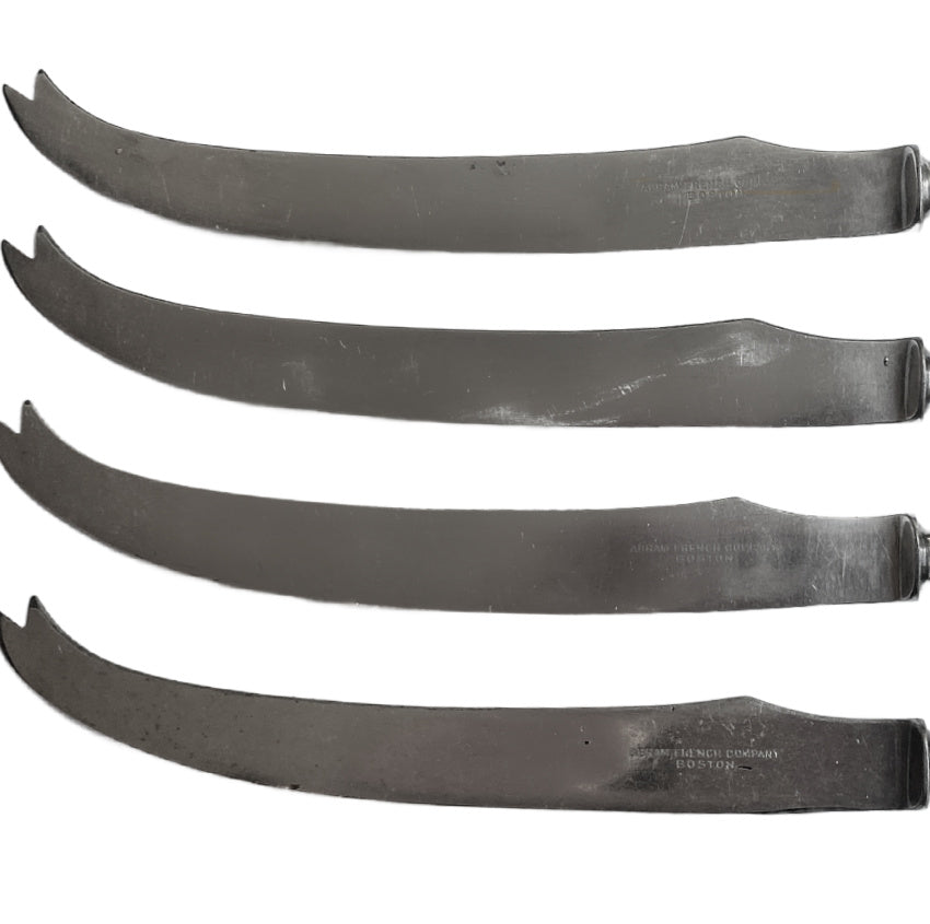 Antique Abram French Co. Boston celluloid knives (set of 4). Ornate French Ivory handles. Vintage flatware for cheese, bread, or dinner table elegance.