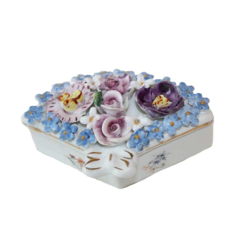 Miniature Porcelain Elfinware Flower Covered Fan Box