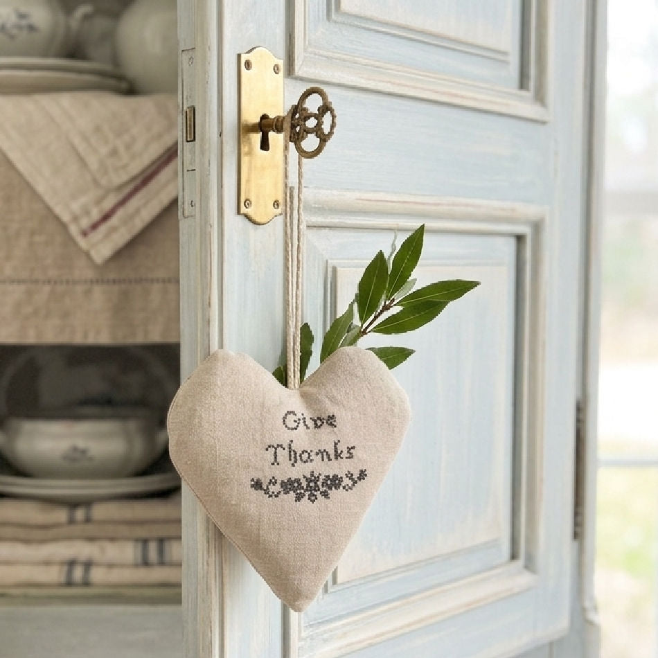 Embroidered Linen Give Thanks Heart Sachet