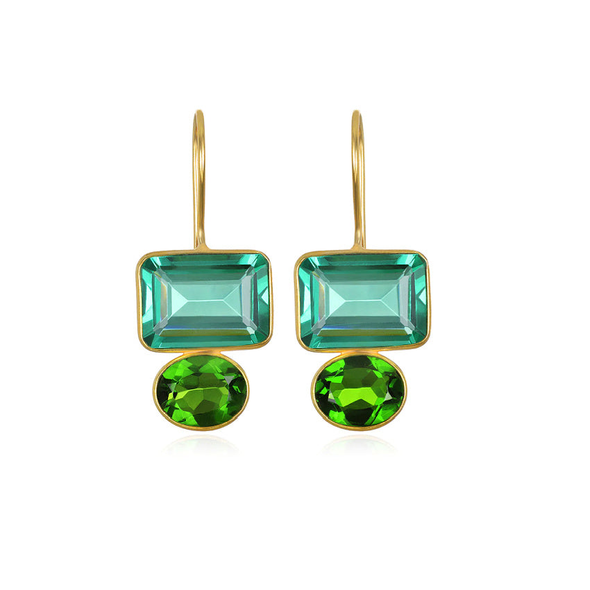 A pair of earrings featuring emerald-cut aqua and green quartz gemstones with gold.