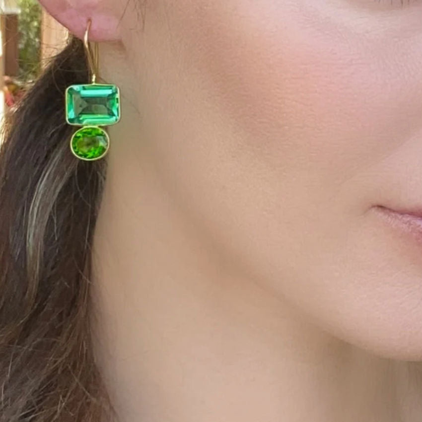 Emerald Cut Faceted Aqua and Green Quartz Earrings