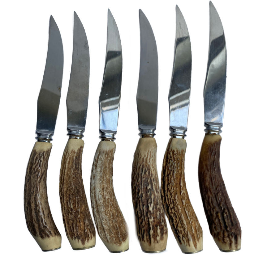 stag horn knives, English steak knives, Hoffritz blades, German blades, horn handle cutlery, luxury steak knives, unused vintage knives, sporting tableware, heirloom cutlery, fine dining knives, collectible cutlery, English stag horn, gift for men, dinner knives, FrenchGardenHouse