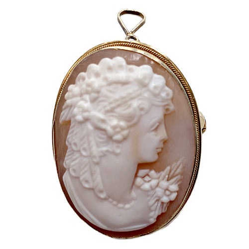 Estate 14k Gold Hand-Carved Shell Cameo Pin/Pendant  – Portrait of a Lady