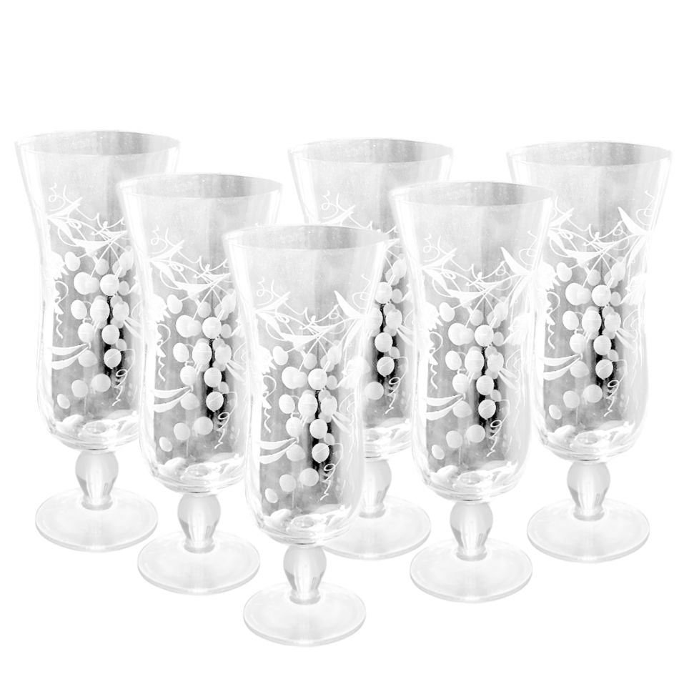 Etched Footed Liqueur Glasses Grape Garland Set of 6