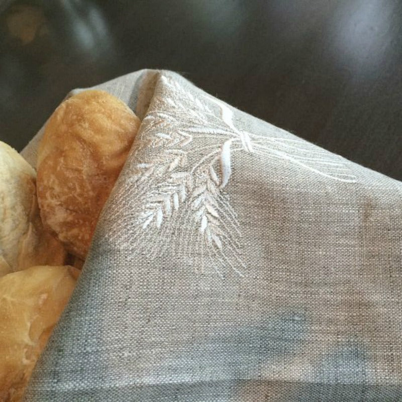 European Linen Flax Embroidered Breadbasket Cloth with Wheat