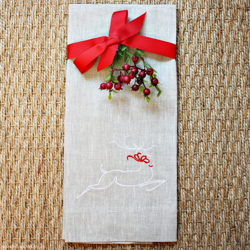 linen holiday towel with reindeer