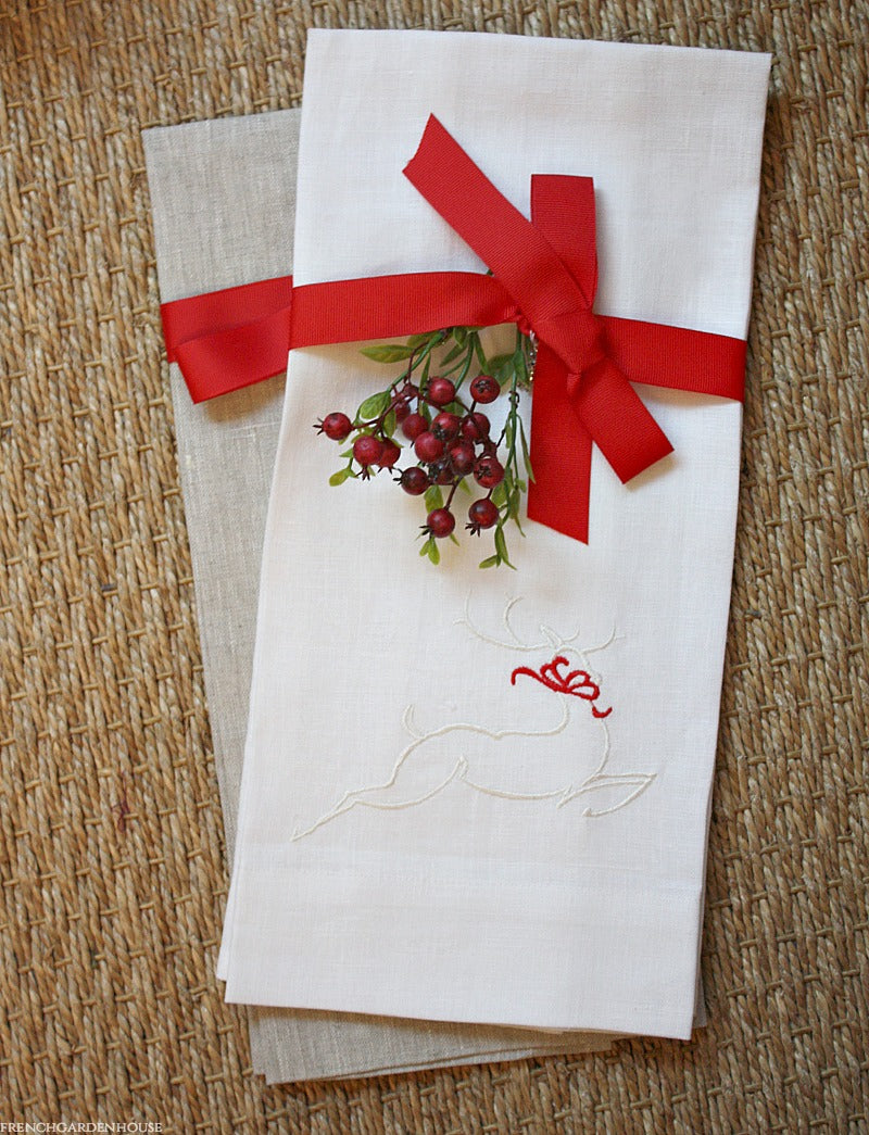 French reindeer linen holiday towel