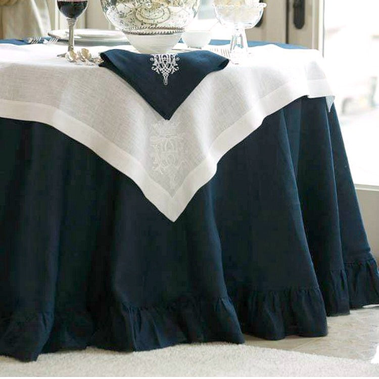 Navy blue linen round tablecloth