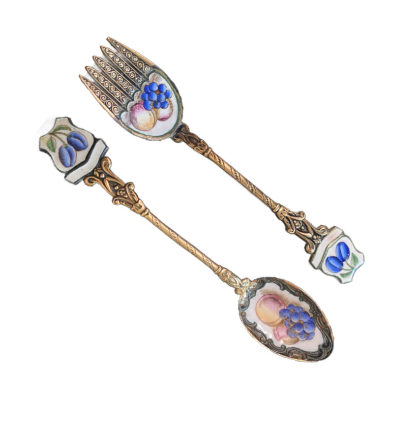 European Enameled Tea Service Spoon &amp; Fork