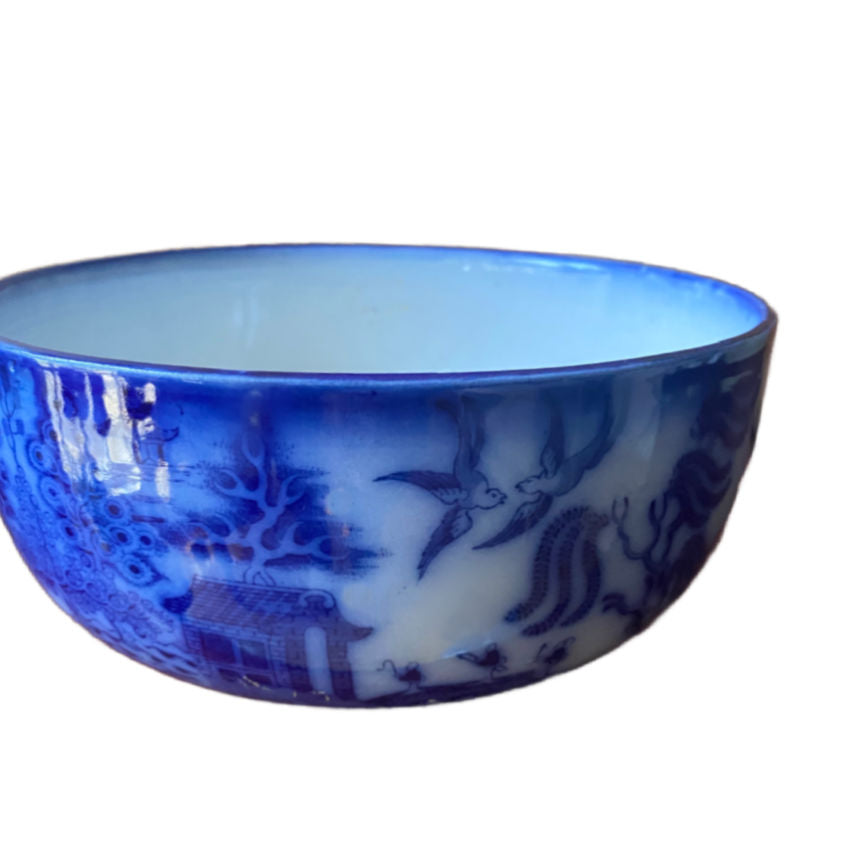 Exceptional 19th Century Flow Blue Willow Large Bowl