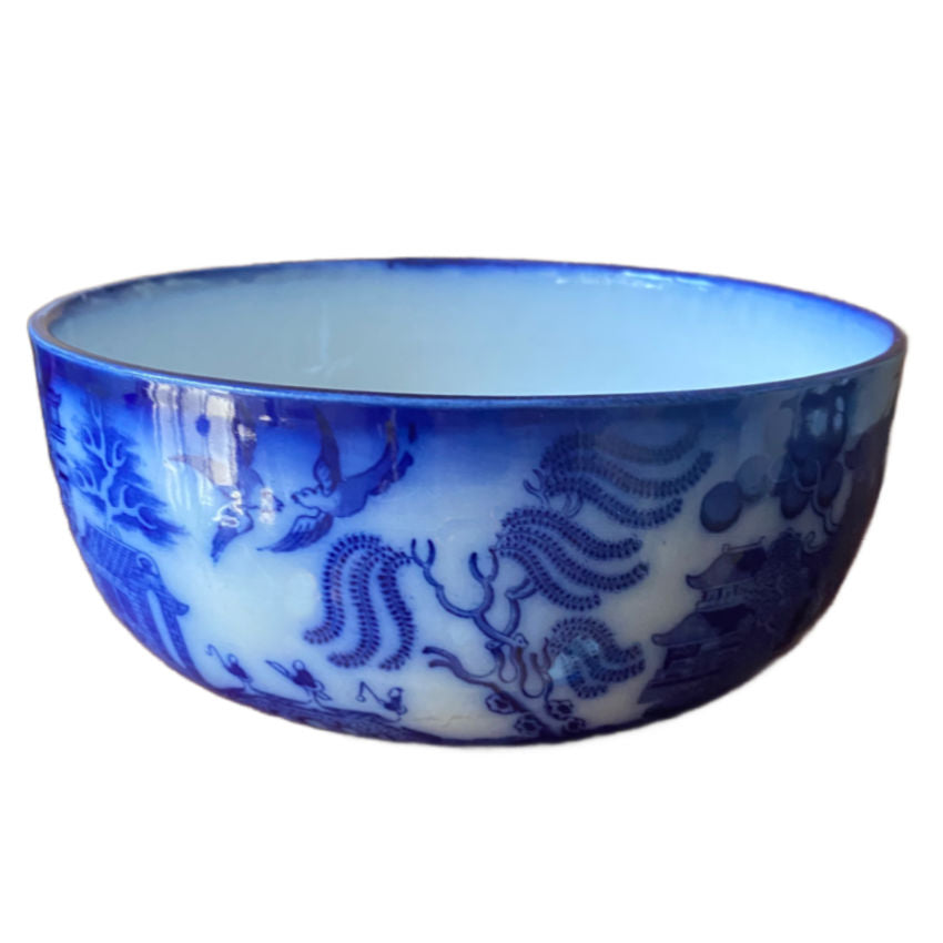 Exceptional 19th Century Flow Blue Willow Large Bowl