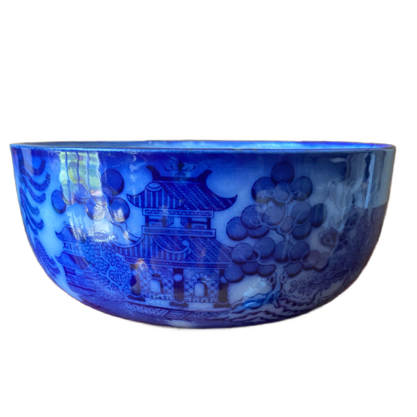 Exceptional 19th Century Flow Blue Willow Large Bowl