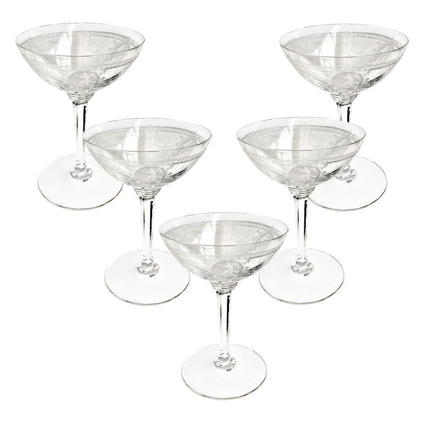 Exceptional Antique Etched Glass Champagne Coupes Set of 5