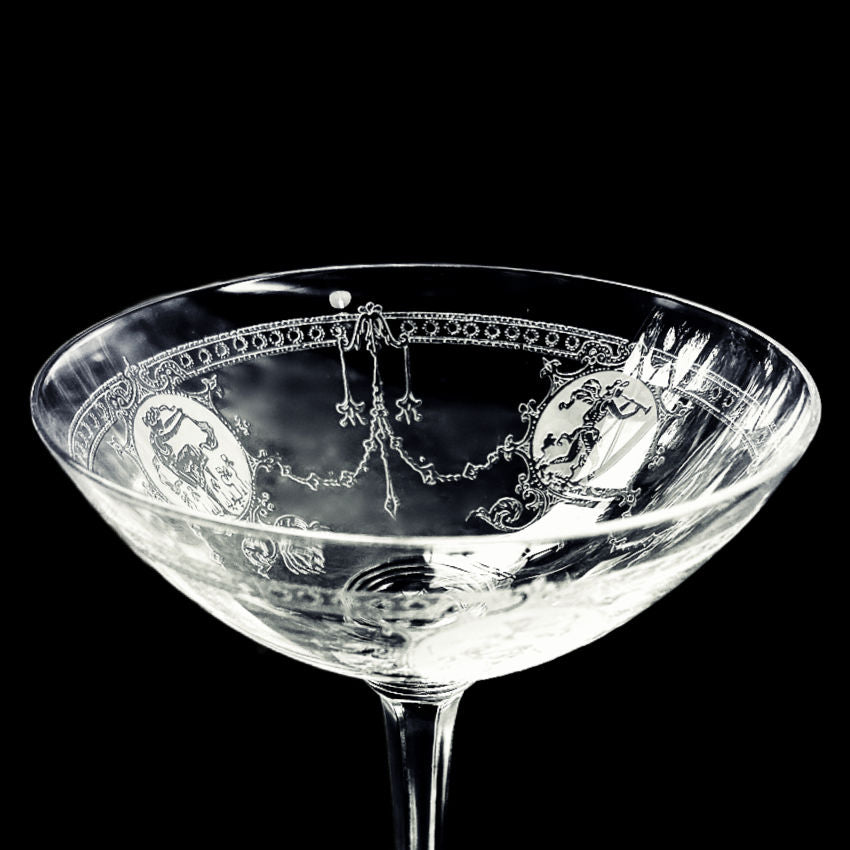 Exceptional Antique Etched Glass Champagne Coupes Set of 5