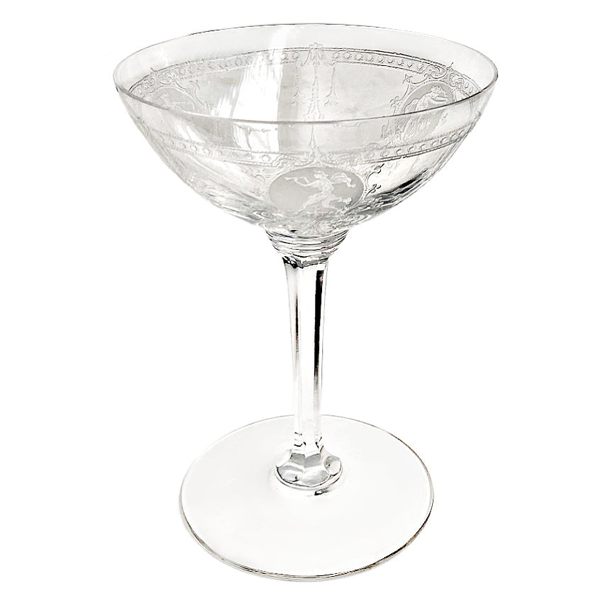 Exceptional Antique Etched Glass Champagne Coupes Set of 5