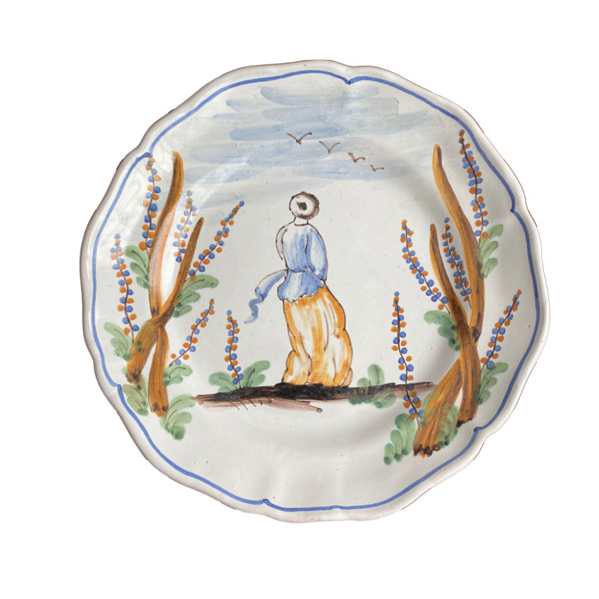 Rare hand painted French faience plate with girl amidst lavender field