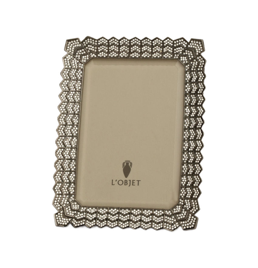 Exceptional L’Objet Deco Noir frame with platinum plating, beveled glass, satin lining and Italian leather back. Timeless designer luxury.