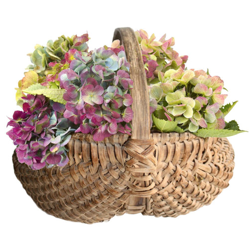 Exceptional 19th Century French Hand-Woven Panier à Fesses, Antique Splint Basket with hydrangeas