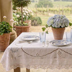 Exceptional Antique Linen Tablecloth with Hand Embroidered Roses and Bobbin Lace
