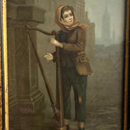 1800’s chromolithograph in color of harp player in the snow