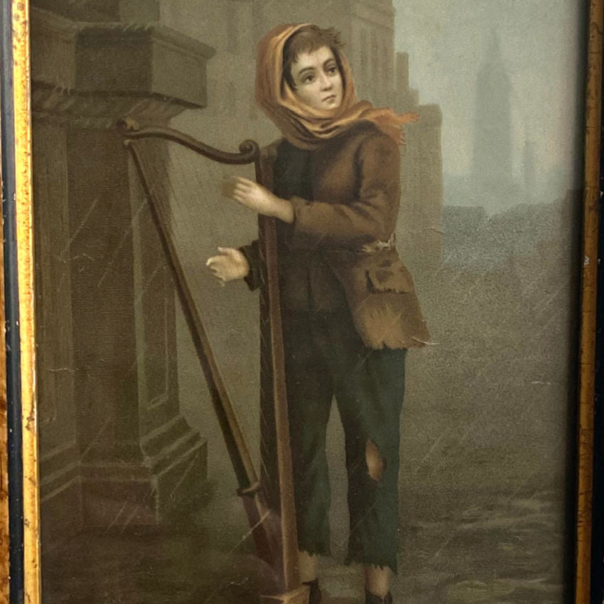 1800’s chromolithograph in color of harp player in the snow