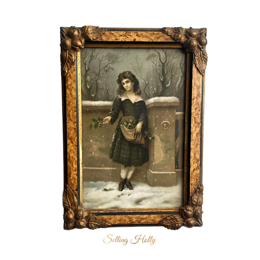 Antique French print of girl selling holly in the snow
