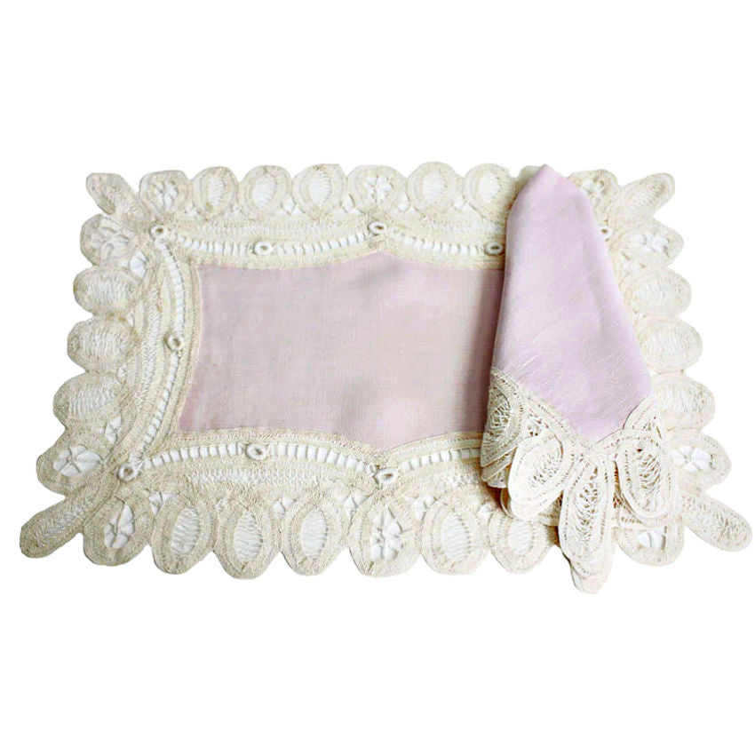 
Rare antique Battenberg lace table linens set for 8 with runner. Petal pink linen centers and hand-sewn Victorian tape lace. Elegant heirloom table setting.