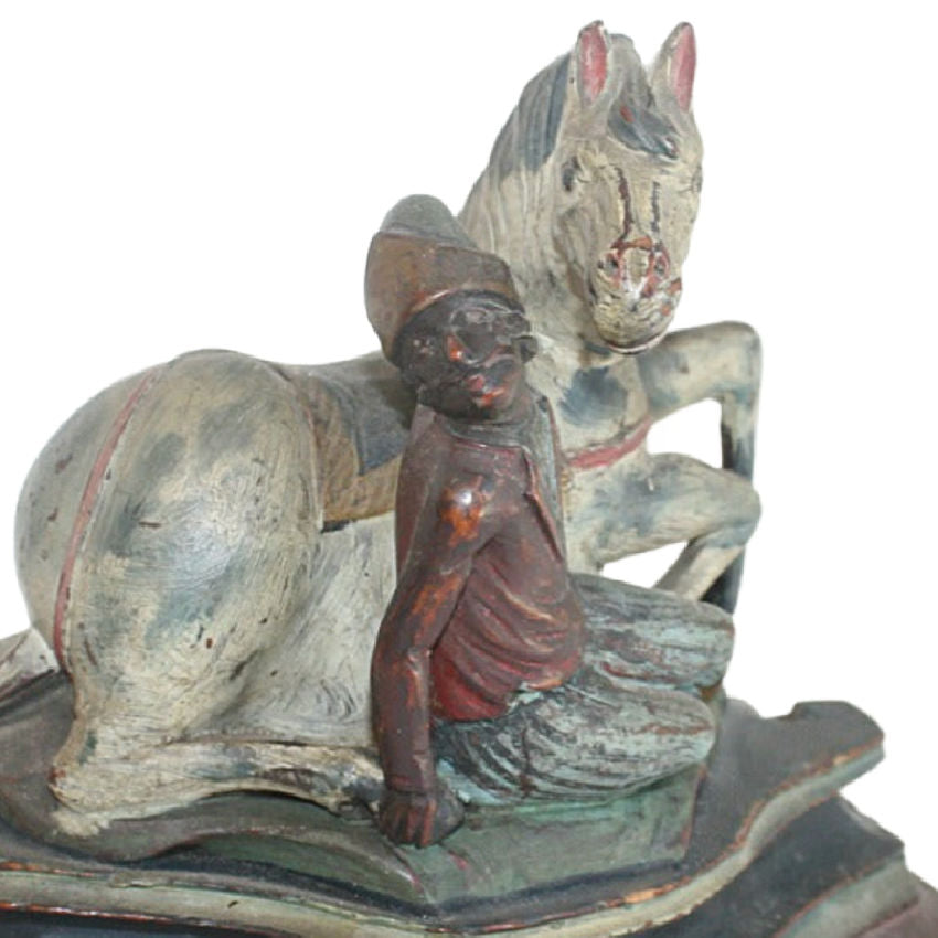 Antique hand carved wood horse and rider sculpture side view, early 20th century painted equestrian collectible