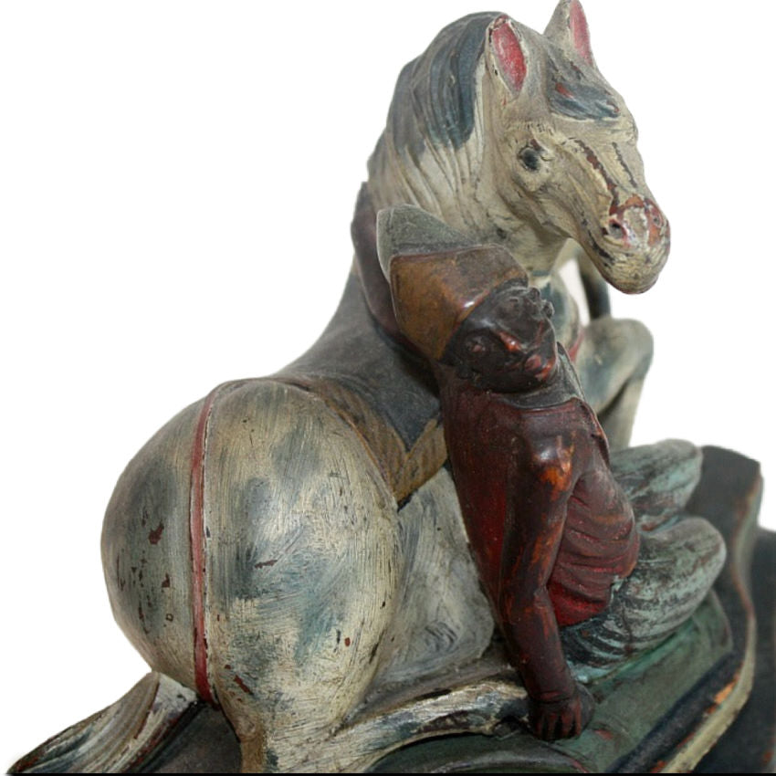 rider and horse side view of Antique hand carved wood horse and rider equestrian sculpture with original painted surface, early 20th century decorative collectible