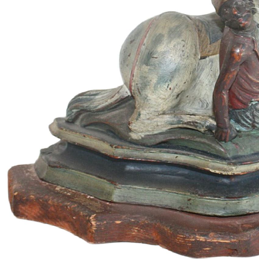 Left Base of antique hand carved wood horse and rider sculpture showing original stepped base and aged painted finis