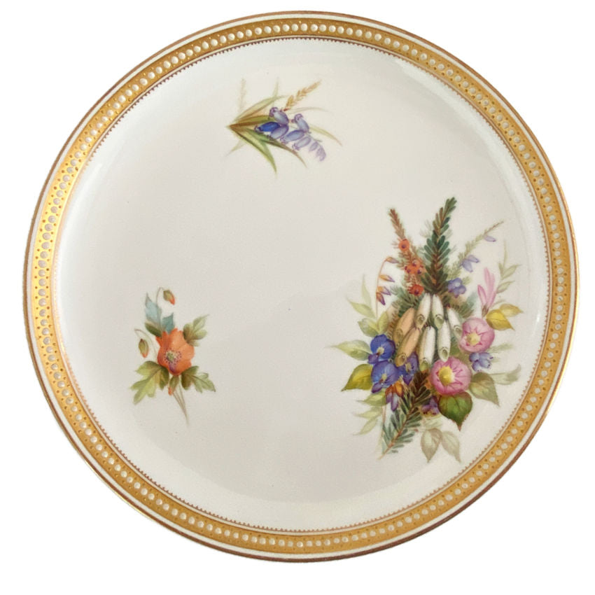 antique Royal Worcester nine-inch floral porcelain plate with jeweled decoration and gilded details serving size