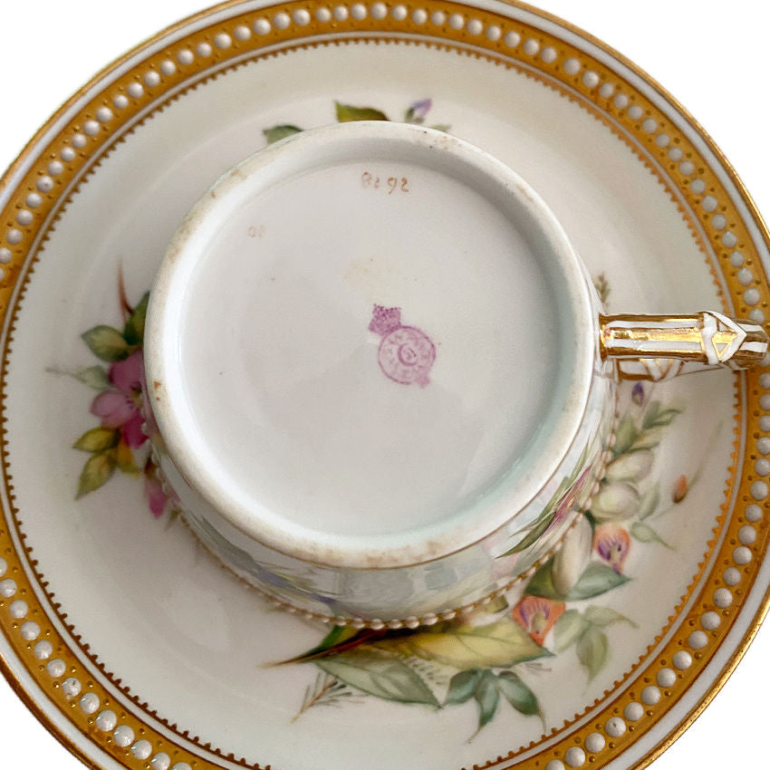 Maker’s mark on antique Royal Worcester porcelain from a rare collection of hand-painted floral cups and saucers