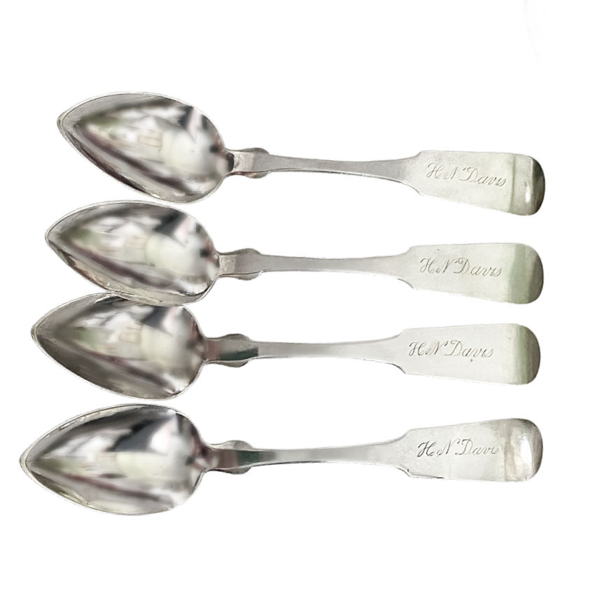 19th Century Early American Coin Silver Dessert Table Spoons Fiddle Pattern Set of 5