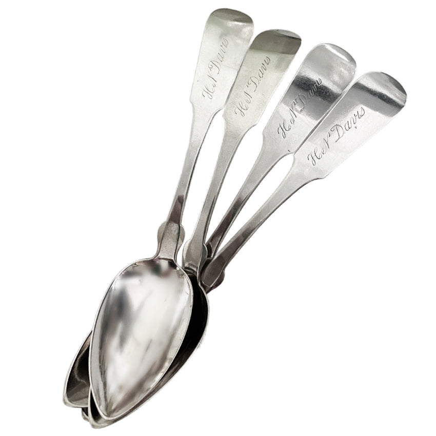 Fine Set of 4 Early 19th Century American Coin Silver Dessert Table Spoons in the Fiddle pattern