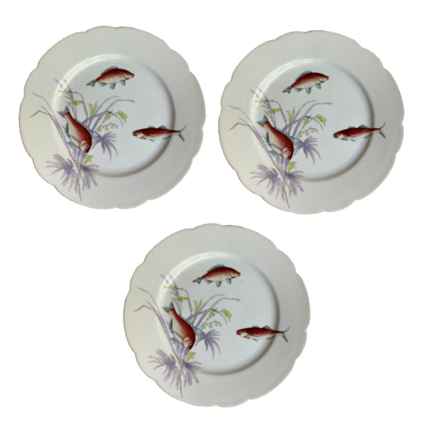 Antique Hand Painted Porcelain Fish Plates Set of 9