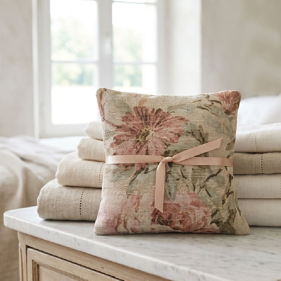 French garden flowers linen lavender sachet styled with antique French linens